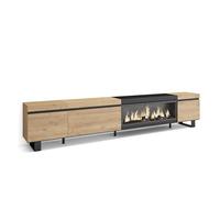 Skraut Home | Meuble TV | Banc Télé | Grand Espace de Rangement | 288x57x35 cm | TV Grand Format | Cheminée électrique XXL | Design Industriel | Style Moderne | Chêne et Noir