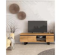Skraut Home | Meuble TV Modèle Naturale | 160 x 40 x 53 cm | Finition Couleur Chêne/Noir | Salon- Séjour | Support Télévision, avec étagères et placards de Rangement. (Naturale 160 Pieds)