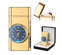 SKRFIRE Briquet Electrique Rechargeable, Modele Uni Couleur Pure Noir/Argent/Rouge, Metal Anti-Choc, Fonction SOS et Horloge Integree, Etui Cadeau Haut de Gamme pour Anniversaire ou Fete(Or)