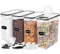 Skroam Lot de 4 boîtes de rangement hermétiques pour céréales avec bec verseur pour cuisine et garde-manger, distributeurs de céréales en plastique, tasse à mesurer et 20 étiquettes (4 l)