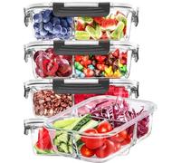 Skroam Lot de 5 boîtes de conservation hermétiques en verre de 1 020,6 g à 3 compartiments, ensemble de récipients avec couvercles pour garde-manger, cuisine, boîtes à déjeuner en verre sans BPA