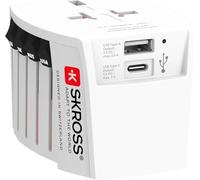 SKROSS | 1.302962 | Adaptateur de voyage universel à 2 broches avec 2 ports USB. Tension et puissance : 100V - 250W / 250V - 625W - 1 x USBC: 3.0A, 1 x USBA : 2.4A. Protection anti-choc électrique