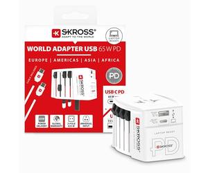 SKROSS -MUV USB AC65PD + Cavo Type C (160cm) - Adattatore Universale da Viaggio a 2 Poli + 1x Type C & 1 x Type A 65W- Tensione e Potenza: 100V-250W/250V-625W per Portatili, Tablet e Smartphone