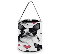 SKTNBM Sacs à friandises ou à friandises d'Halloween, seau fourre-tout à bonbons avec imprimé chien Boston Terrier rouge, seau cadeau fourre-tout, sac à bonbons d'Halloween, Boston Terrier chien cœur