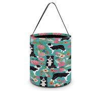 SKTNBM Sacs à friandises ou à friandises d'Halloween, seau fourre-tout à imprimé floral Border Collie, seau cadeau fourre-tout, sac à bonbons à main d'Halloween, fleurs Border Collie, taille unique,