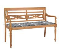 SKTQYQO Banc de jardin Batavia en bois massif de teck avec coussin à carreaux gris 120 cm, résistant aux intempéries et facile à nettoyer, idéal pour l'extérieur et la détente, structure