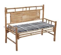 SKTQYQO Banc de jardin en bambou 120 cm avec coussin imperméable à carreaux gris pour l'extérieur, dossier confortable, durable et stable, facile à nettoyer, idéal pour la détente et la lecture,