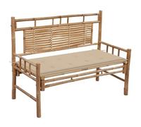 SKTQYQO Banc de jardin en bambou 120 cm avec coussin imperméable beige, banc extérieur classique avec dossier pour détente et lecture, résistant aux intempéries et facile à nettoyer,