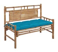 SKTQYQO Banc de jardin en bambou 120 cm avec coussin imperméable bleu clair, banc extérieur avec dossier pour détente et lecture, durable et facile à nettoyer, idéal pour terrasse