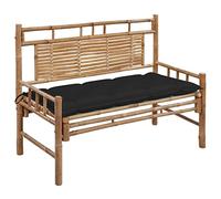 SKTQYQO Banc de jardin en bambou 120 cm avec coussin imperméable noir pour l'extérieur, banc classique avec dossier pour détente et lecture, durable et facile à nettoyer, résistant aux