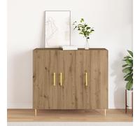 SKTQYQO Buffet artisanal en chêne 90 x 34 x 80 cm, bois ingénieux avec finition mate et poignées dorées, 3 portes pour grand espace de stockage, design moderne pour salle