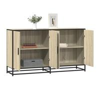 SKTQYQO Buffet chêne Sonoma en aggloméré et métal 134 x 35 x 76 cm avec 4 portes, structure stable, grand espace de rangement pour salon et chambre à coucher, entretien facile