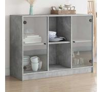 SKTQYQO Buffet gris béton en bois multicouche 102 x 37 x 75,5 cm avec 6 compartiments, meuble de bibliothèque moderne avec portes et poignées noires pour salon et bureau, design stable