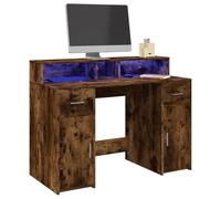 SKTQYQO Bureau avec lumières LED chêne, fumée, 120 x 55 x 91 cm, multicouche, grand espace de rangement avec 2 compartiments et tiroirs, éclairage RVB réglable pour bureau, matériel