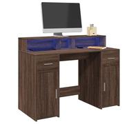SKTQYQO Bureau avec lumières LED marron chêne 120 x 55 x 91 cm multicouche, grand espace de rangement avec 2 compartiments et tiroirs, structure résistante en aggloméré, éclairage