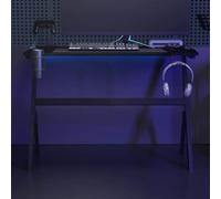 SKTQYQO Bureau de jeu avec lumières LED intégrées et pieds en Y noir 110 x 60 x 75 cm, plateau épais 15 mm, avec support casque et porte-gobelets, design ergonomique stable pour installation