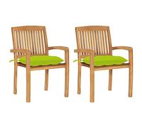 SKTQYQO Chaise de jardin en bois de teck massif empilable avec coussin vert, lot de 2 chaises vintage pour extérieur avec dossier à lattes et accoudoirs courbés, pour patio et espaces