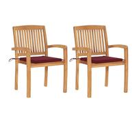SKTQYQO Chaise de jardin en bois massif de teck avec coussins rouge vin, lot de 2 chaises empilables vintage pour l'extérieur, dossier à lattes et accoudoirs incurvés, résistante aux agents