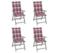 SKTQYQO Chaise inclinable de jardin en bois d'acacia massif avec coussin à carreaux, gris délavé, 5 positions réglables, pour l'extérieur, lot de 4, coussin avec bandes élastiques