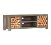 SKTQYQO Élégant meuble TV années 50 en bois mangue, gris et marron, 120 x 30 x 40 cm, avec 1 porte, 2 tiroirs et 2 compartiments, design avec motif en diamant, finition brillante
