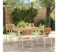 SKTQYQO Ensemble de salle à manger jardin en bois massif de teck avec table 150 x 90 cm et 4 chaises empilables, ensemble complet de 5 pièces avec structure robuste et finition vieillie,