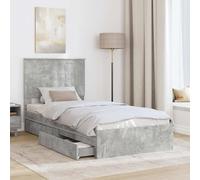 SKTQYQO Lit avec tiroirs gris béton 90 x 190 cm | Bois d'ingénierie, avec tête de lit, design moderne, assemblage facile