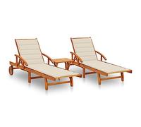 SKTQYQO Lit de bain 2 pièces avec table et coussins en bois massif d'acacia pour extérieur, réglable et avec roues, ensemble complet pour jardin, terrasse et piscine, design fonctionnel