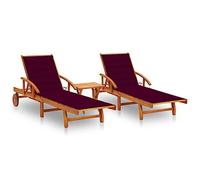 SKTQYQO Lit de bain 2 pièces avec table et coussins en bois massif d'acacia pour jardin et piscine, réglable et avec roues, coussins de couleur rouge vin, ensemble complet