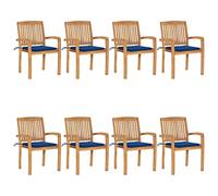 SKTQYQO Lot de 2 chaises de jardin empilables en bois de teck avec coussins bleu royal pour salle à manger extérieure, meubles de patio et mobilier de jardin, design à lattes et structure
