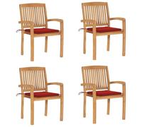SKTQYQO Lot de 2 chaises de jardin empilables en bois de teck massif avec coussins rouges, design à lattes pour extérieur, meubles de salle à manger pour patio, faciles à nettoyer et économiser
