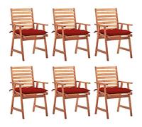 SKTQYQO Lot de 6 chaises de jardin en bois d'acacia massif avec coussins rouges imperméables pour extérieur, design contemporain à lattes pour terrasse, patio, meubles de salle à manger