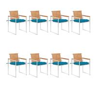 SKTQYQO Lot de 8 chaises de jardin en bois massif de teck avec coussins bleu clair et structure en acier inoxydable, meubles d'extérieur empilables et résistants aux intempéries