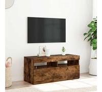SKTQYQO Meuble TV avec lumières LED RVB, design élégant en bois multicouche, chêne fumé, 90 x 35 x 40 cm, grand espace de rangement, connecteur USB, complément moderne