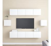 SKTQYQO Meuble TV blanc en bois multicouche avec 4 armoires 80 cm et 2 modules 30,5 cm, support mural pour organisation HiFi, meuble TV avec grand espace, facile