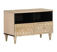SKTQYQO Meuble TV en bois massif de mangue avec design sculpté à la main, grand espace de rangement et plateau robuste pour objets décoratifs, 70 x 33 x 46 cm, finition