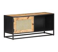 SKTQYQO Meuble TV en bois massif de mangue avec porte à tige tressée, buffet multimédia rustique avec grand rangement, structure en fer robuste, 90 x 30 x 40 cm