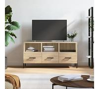 SKTQYQO Meuble TV moderne en bois multicouche chêne Sonoma avec 3 compartiments et 3 tiroirs, support pour TV robuste avec pieds en fer, meuble pour salon avec grand