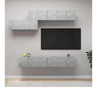 SKTQYQO Meuble TV moderne gris béton en bois multicouche avec 6 armoires et 1 module central pour salon, grand espace pour magazine DVD, design