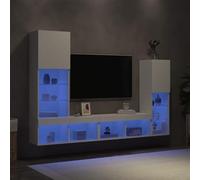 SKTQYQO Meuble TV mural avec lumières LED RVB, 2 meubles blancs en bois multicouche, grand espace de rangement, design polyvalent pour optimisation de l'espace, montage