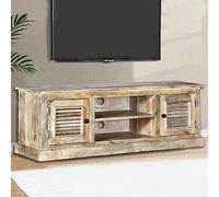 SKTQYQO Meuble TV rustique en bois massif de mangue avec 2 armoires et 2 étagères, meuble de salon, buffet vintage pour lecteur DVD et console de jeu, finition