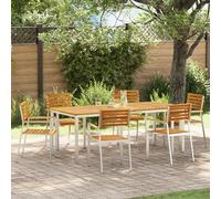 SKTQYQO Set de salle à manger de jardin 7 pièces en bois massif d'acacia avec table d'extérieur, 200 x 90 x 74,5 cm, chaises empilables, 6 pièces en bois et acier, ensemble complet pour terrasse