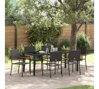 SKTQYQO Set de salle à manger jardin 7 pièces pliable en polyrotin noir avec table rectangulaire et 6 chaises empilables avec coussins pour extérieur, ensemble complet de 4 articles, design moderne