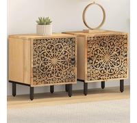 SKTQYQO Table de chevet en bois massif de mangue, 2 pièces, 40 x 33 x 46 cm, avec porte pratique et plateau stable pour chambre à coucher, design rétro avec motifs floraux sculptés à la main, jambes