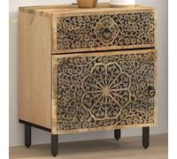 SKTQYQO Table de chevet en bois massif de mangue 50 x 33 x 60 cm avec tiroir et porte, plateau stable et pieds en fer, design rétro avec motifs floraux sculptés à la main pour décoration de chambre