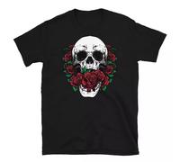 Skull and Red Roses Skeleton Gothic Hipster Novelty T-Shirt Black XXL