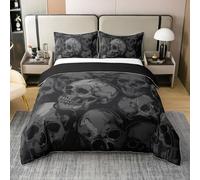 Skull Coton Housse de Couette 220x240,Gothique Halloween Skull Literie Set Enfants Garçons Filles,Sucre Skull Horreur Parure de Lit,3D Skull Noir Gris Couvre Lit Halloween Décoration
