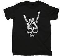 Skull Hand Sign of The Horns T Shirt Heavy Metal Rock N Roll Band Tattoo Tee T-Shirt Black XL