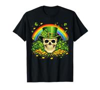 Skull Leprechaun Hat Shamrock Rainbow Lucky Coins T-Shirt