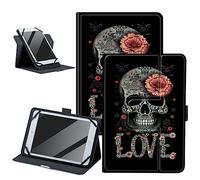 Skull Loves Rose Étui universel en cuir PU pour tablette 10,5 à 11,5 pouces, rotation à 360 degrés avec béquille réglable pour tous les types de tablettes Android/iOS/Windows 10,5-11,5"