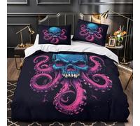 Skull Octopus Ensemble De Literie Microfibre Hypoallergique 3D Effet 3 Pièces 2xTaies Ultra Douce vintage Horror Housse de Couette Super Douce Entretien Facile for les Enfants Double（200x200cm）